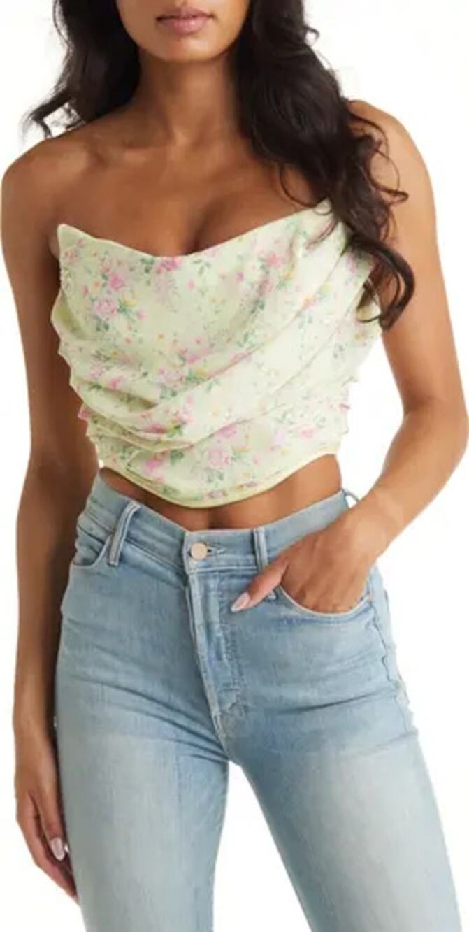 House of CB Vivienne Yellow Floral Strapless Drape Corset Bustier Crop Top XS